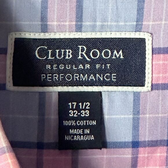 Club Room Dress Shirt Men's 17.5 32-33 Regular Fit Performance Blue Pink Plaid - Picture 7 of 13
